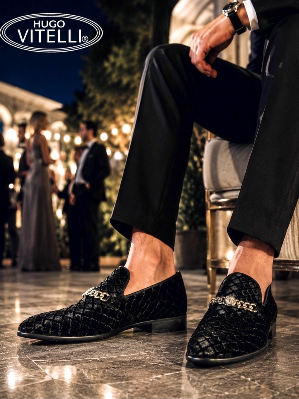 HUGO VITELLI BLACK VELVET EMBELLISHED LOAFERS – MEN’S 9.5